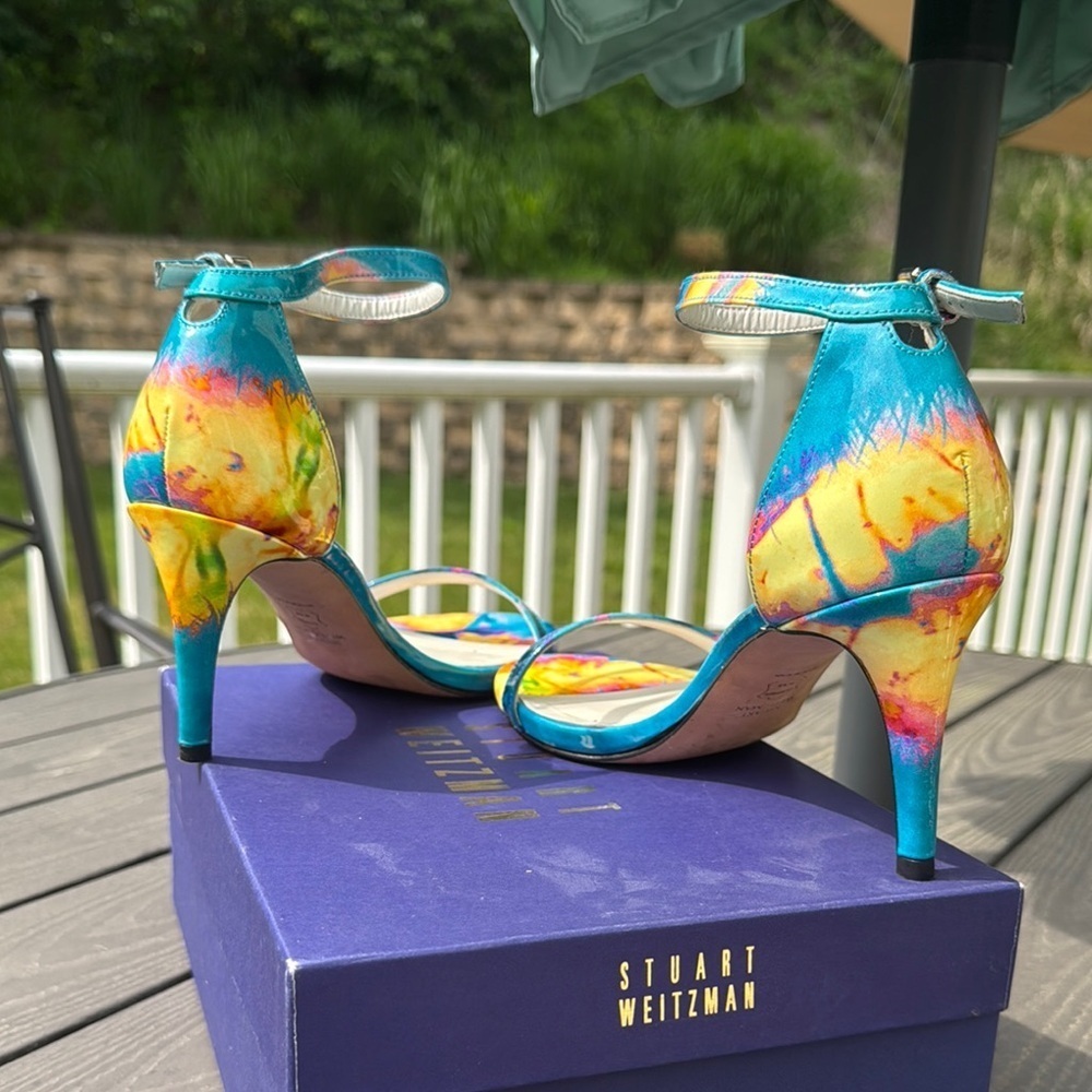 Stuart Weitzman Leather Patent Blue Yellow Pink Heeled Sandal Ankle Strap Size 8 - Picture 5 of 8